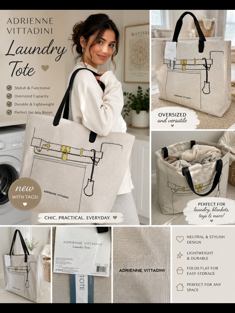 Adrienne Vittadini Laundry Tote Stone Linen Print Hamper Bag NWT MSRP $98